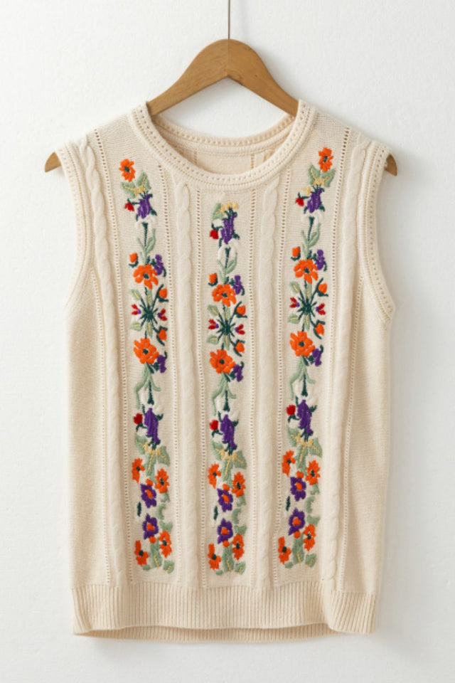 Embroidered Cable-Knit Round Neck Sweater Vest | Hanalas