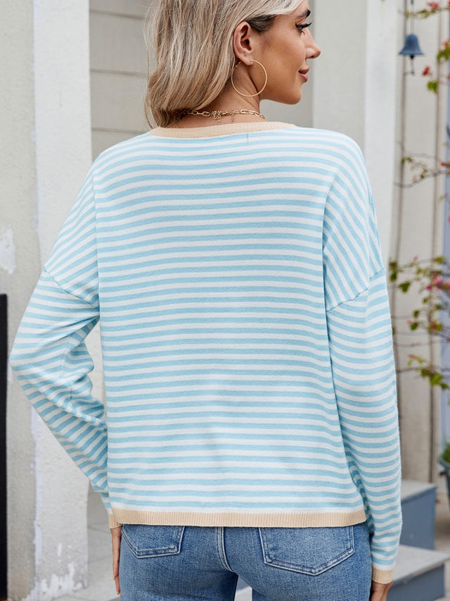 Striped Contrast Round Neck Long Sleeve Sweater | Hanalas