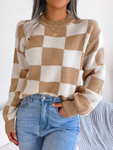 Checkered Mock Neck Long Sleeve Sweater