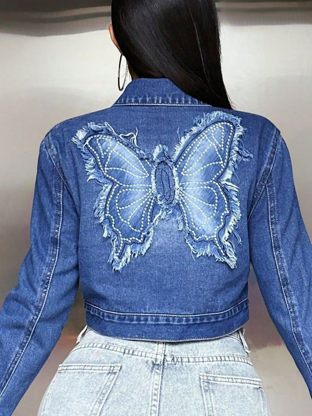 Butterfly Patch Long Sleeve Cropped Denim Top Trendsi Hanalas