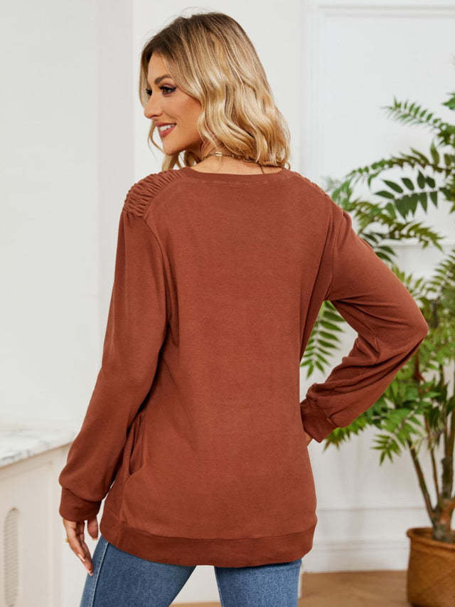 Ruched Shoulder Round Neck Long Sleeve Sweatshirt | Hanalas