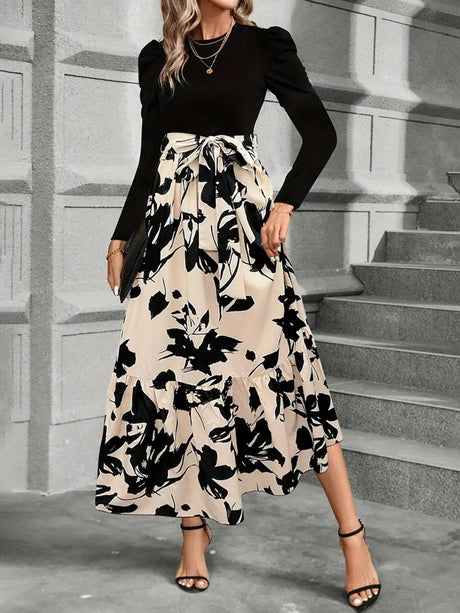 Tied Printed Round Neck Long Sleeve Midi Dress | Hanalas