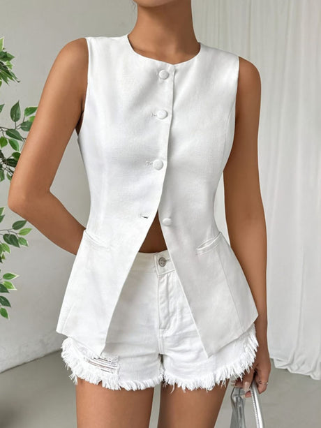 Button Down Round Neck Vest Trendsi Hanalas