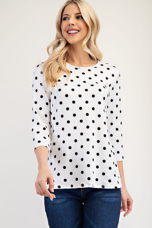 Celeste Full Size Polka Dot Round Neck Three-Quarter Sleeve T-Shirt | Hanalas