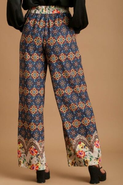 Umgee Full Size Mixed Print Elastic Waistband Pants Plus Size | Hanalas