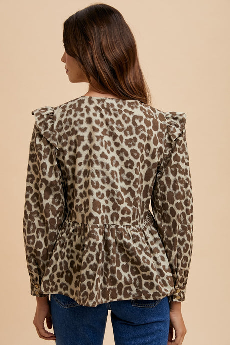 Annie Wear Tied Leopard Round Neck Peplum Blouse | Hanalas