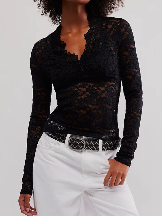 V-Neck Long Sleeve Lace Top | Hanalas