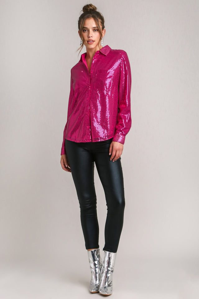 Umgee Sequin Long Sleeve Shirt with Side Chest Pocket | Hanalas