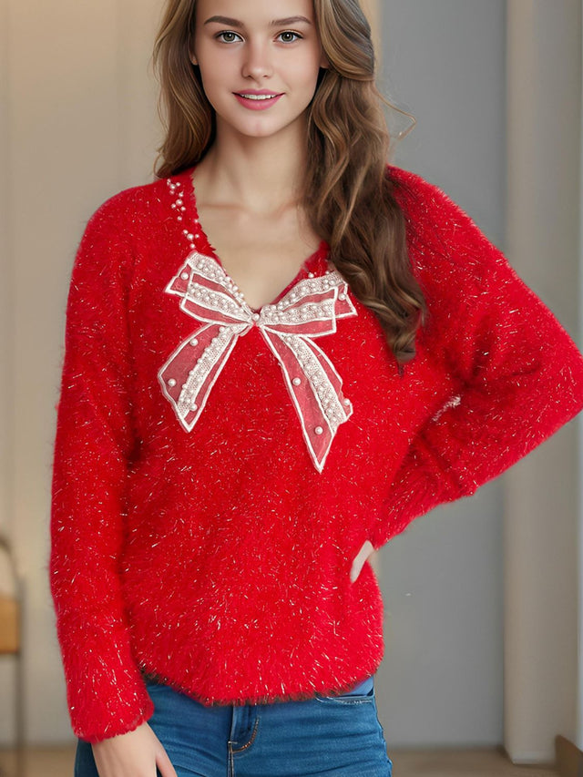 Bow Pearl Detail V-Neck Long Sleeve Sweater Trendsi Hanalas