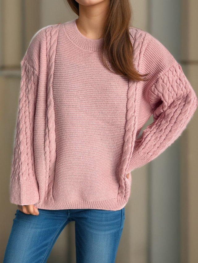 Cable-Knit Round Neck Long Sleeve Sweater Trendsi Hanalas