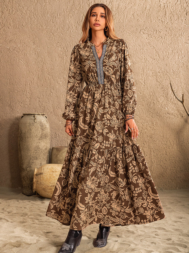 Ruched Printed Notched Long Sleeve Maxi Dress Trendsi Hanalas