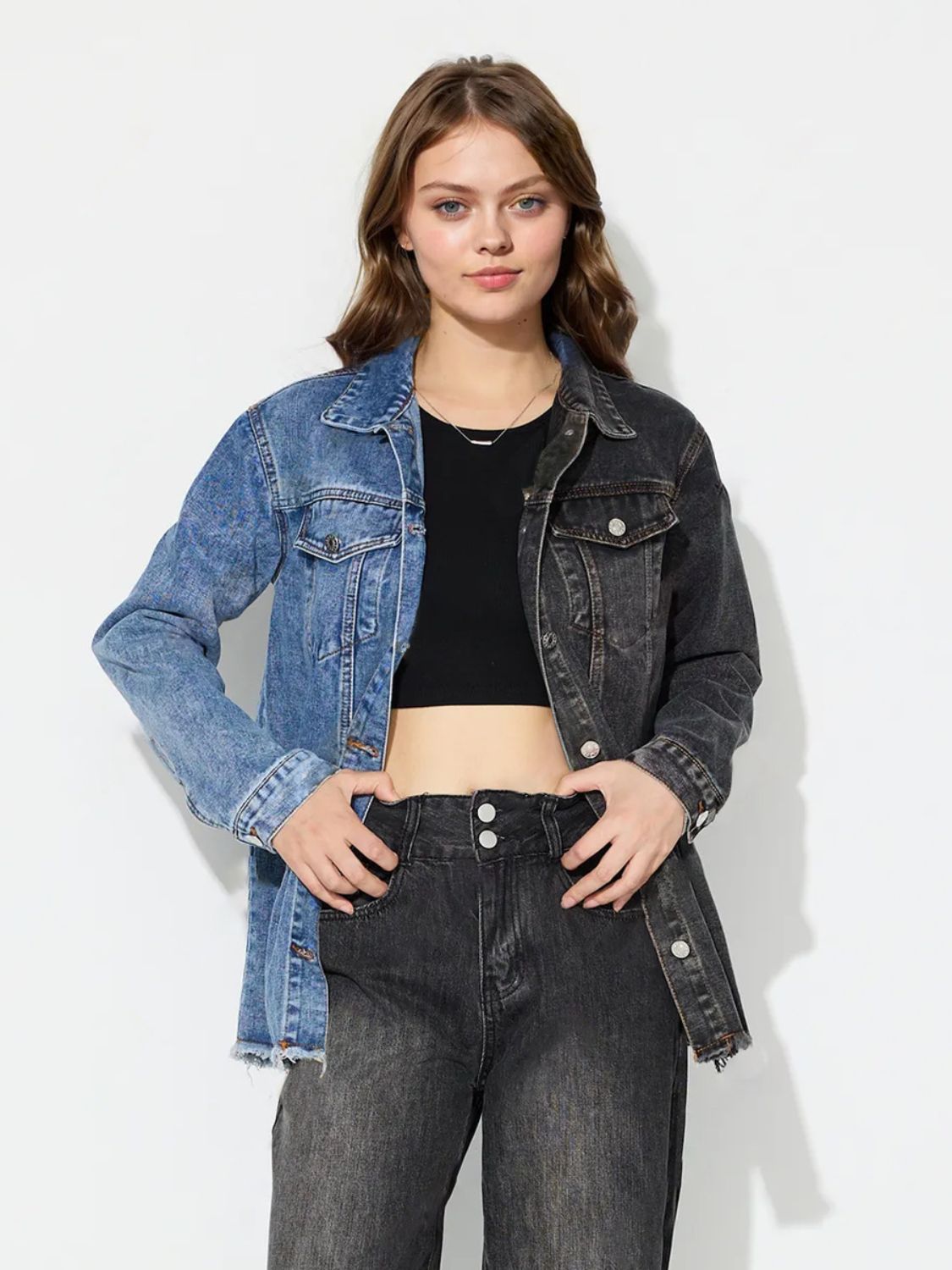 Raw Hem Contrast Collared Neck Denim Top