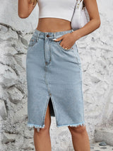 Raw Hem Slit Denim Skirt