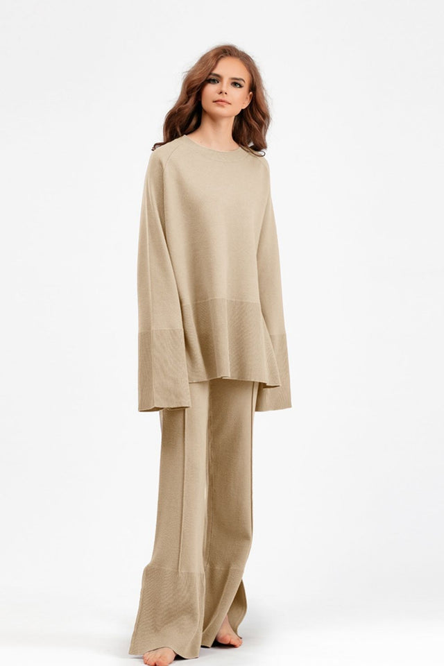 Basic Bae Slit Round Neck Long Sleeve Top and Drawstring Pants Sweater Set Trendsi Hanalas