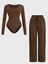 Round Neck Long Sleeve Bodysuit and Tied Pants Set Trendsi Hanalas