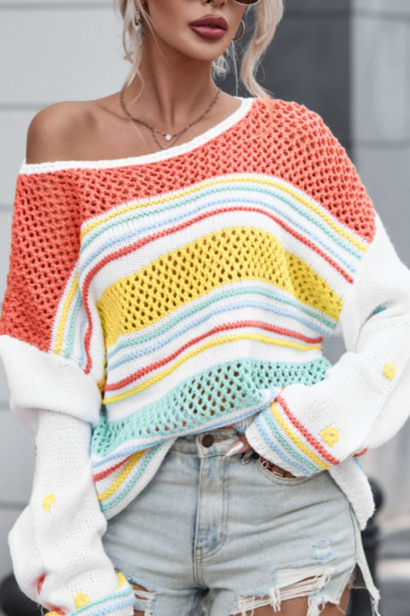 Hollow Striped Color Block Round Neck Sweater | Hanalas