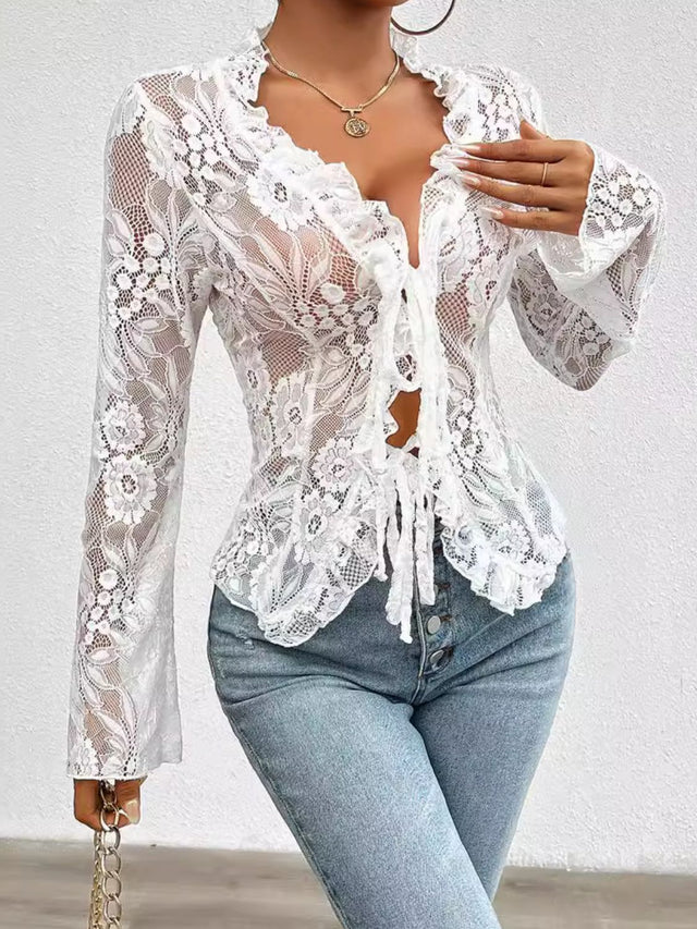 Tied V-Neck Long Sleeve Lace Top | Hanalas