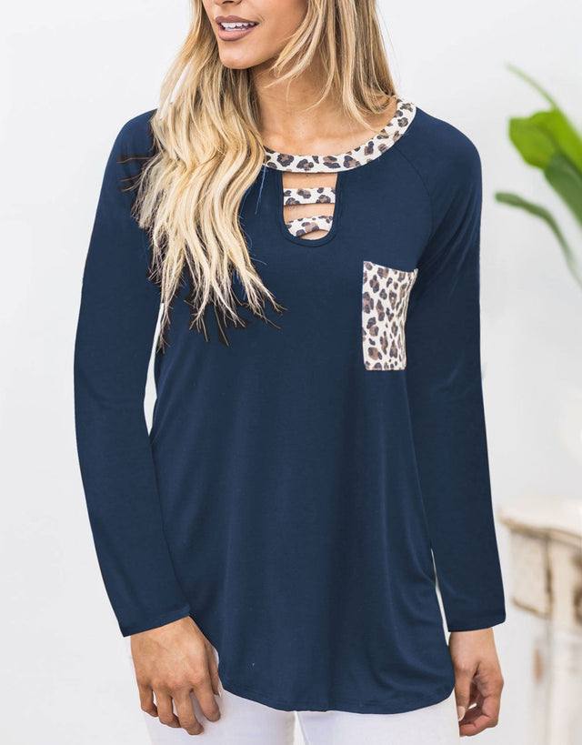 Cutout Leopard Round Neck Long Sleeve T-Shirt | Hanalas