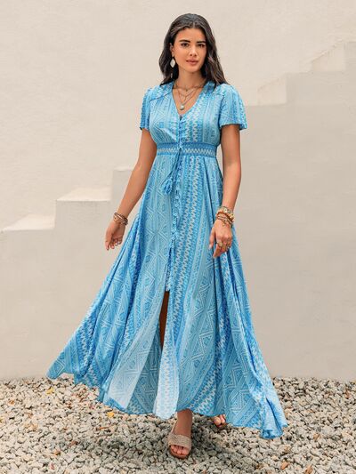 Printed Button Down Short Sleeve Maxi Dress | Hanalas