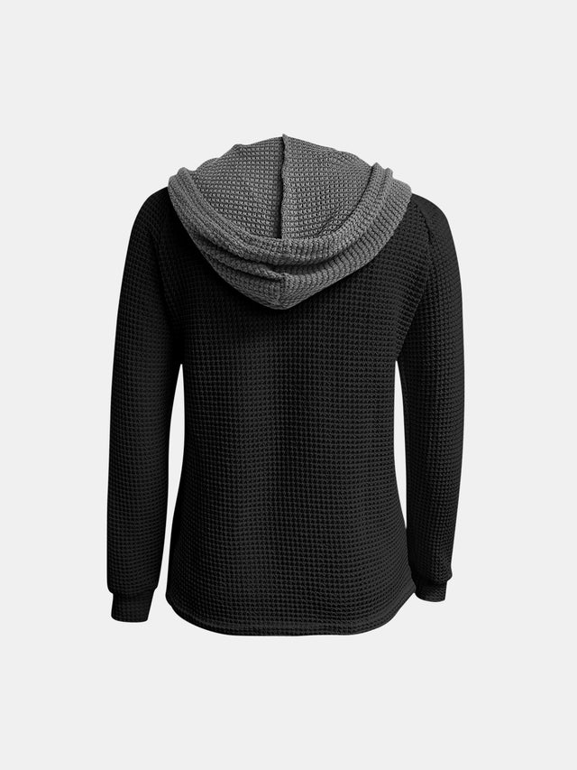 Full Size Waffle-Knit Contrast Long Sleeve Hoodie | Hanalas