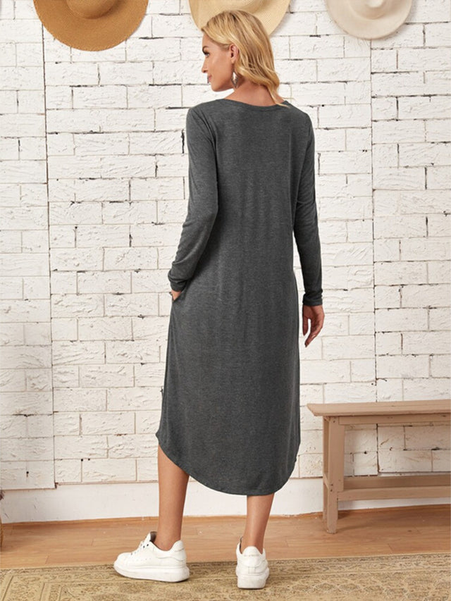 Pocketed Round Neck Long Sleeve Tee Dress - Hanalas