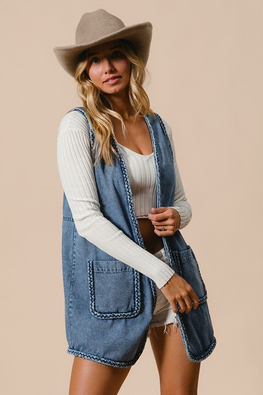 BiBi Braided Trim Open Front Denim Vest with Pockets | Hanalas