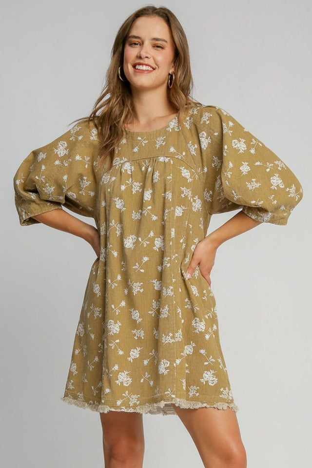 Umgee Raw Hem Floral Print Round Neck Denim Dress | Hanalas