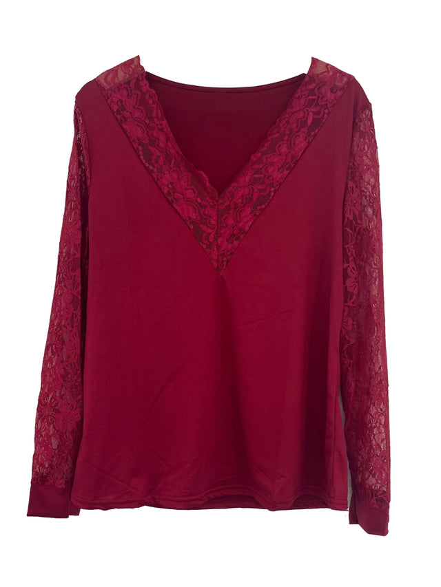 Full Size Lace Detail V-Neck Long Sleeve Blouse | Hanalas