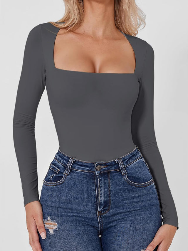 Square Neck Long Sleeve Bodysuit | Hanalas