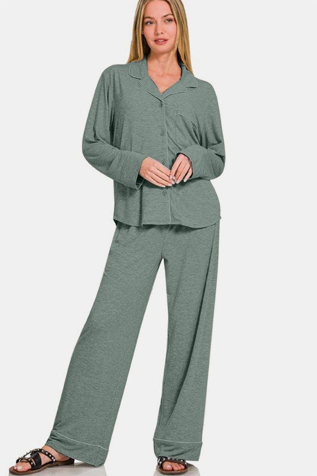 Zenana Button Down Long Sleeve Top and Pants Lounge Set | Hanalas