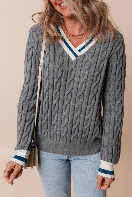 Cable-Knit V-Neck Long Sleeve Sweater Trendsi Hanalas