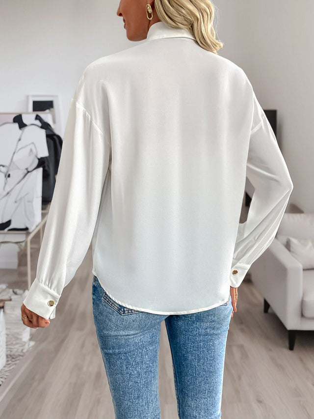 Perfee Sequin Contrast Collared Neck Long Sleeve Shirt | Hanalas