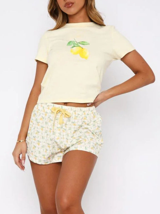 Printed Round Neck Short Sleeve Top and Drawstring Shorts Set | Hanalas