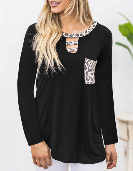 Cutout Leopard Round Neck Long Sleeve T-Shirt | Hanalas