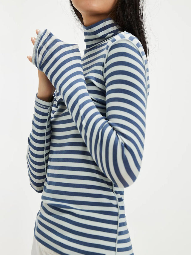 Exposed Seam Striped Turtleneck Long Sleeve T-Shirt | Hanalas