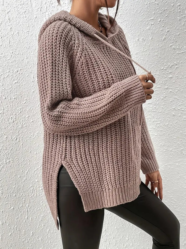 High-Low Side Slit Drawstring Long Sleeve Hooded Sweater | Hanalas