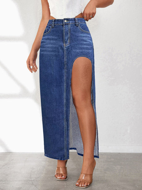 High Rise Slit Denim Skirt | Hanalas
