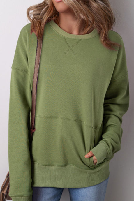 Solid Color Round Neck Long Sleeve Sweatshirt | Hanalas