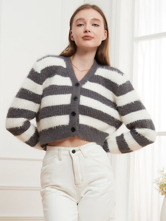 Button Down V-Neck Striped Cardigan | Hanalas