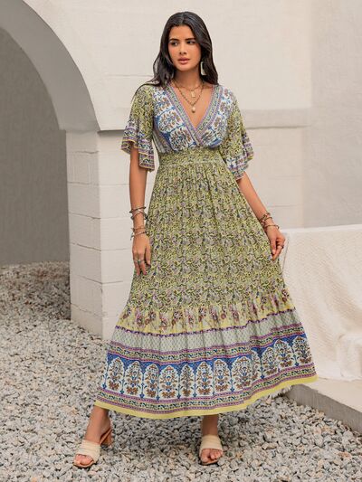 Ruched Printed Flounce Sleeve Maxi Dress | Hanalas