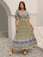 Ruched Printed Flounce Sleeve Maxi Dress | Hanalas
