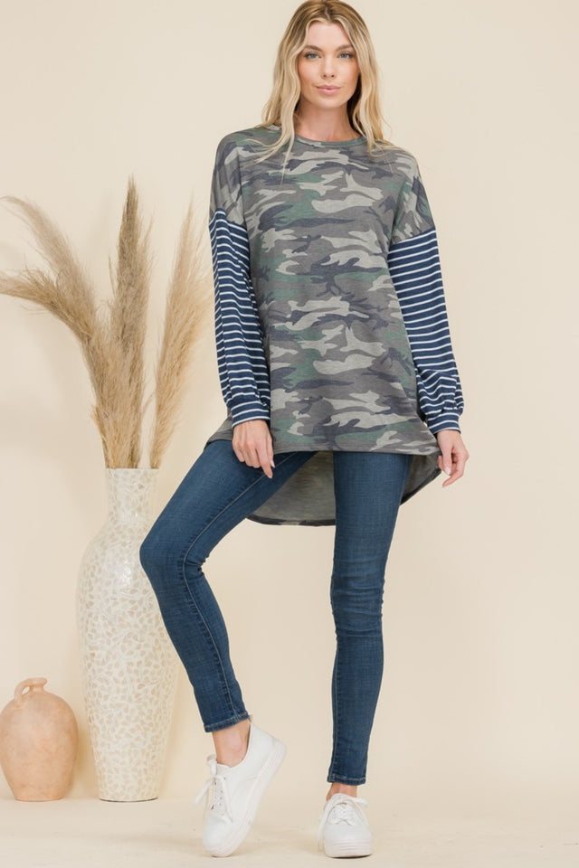 Celeste Full Size Camo Print High-Low T-Shirt with Stripe Sleeves | Hanalas