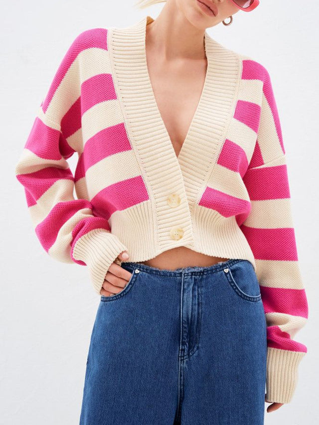 Striped Button Down Drop Shoulder Cardigan | Hanalas