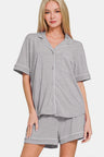 Zenana Button Down Short Sleeve Top and Shorts Lounge Set | Hanalas