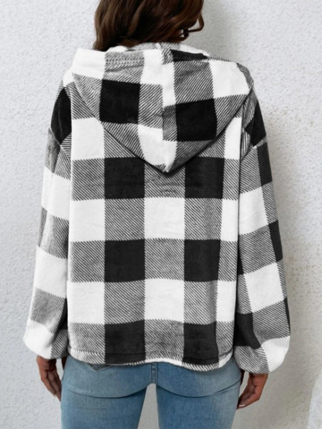 Plaid Half Button Long Sleeve Hoodie | Hanalas