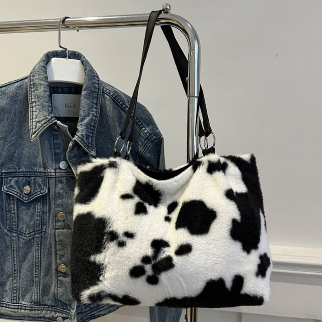 Cow Print Furry Tote Bag Trendsi Hanalas