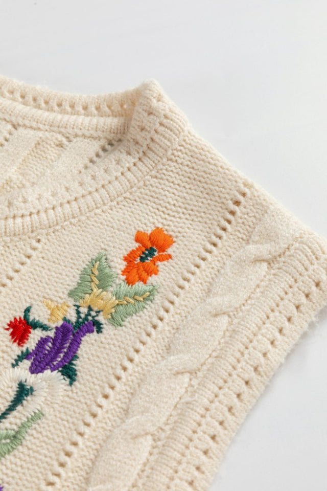 Embroidered Cable-Knit Round Neck Sweater Vest | Hanalas