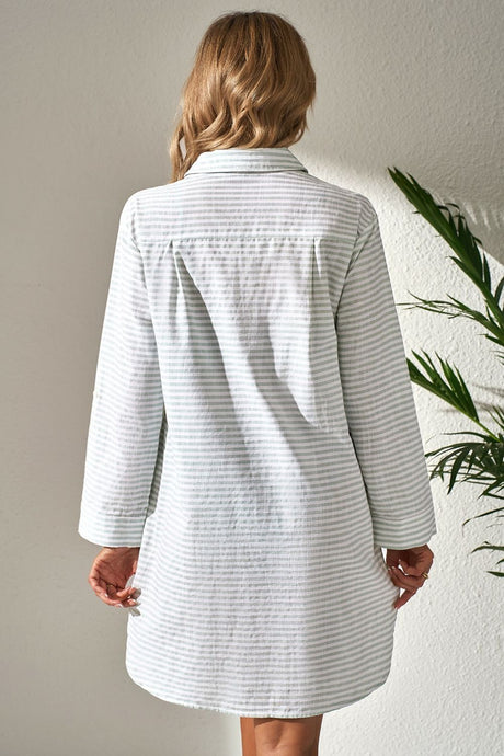 Striped Johnny Collar Long Sleeve Mini Shirt Dress | Hanalas