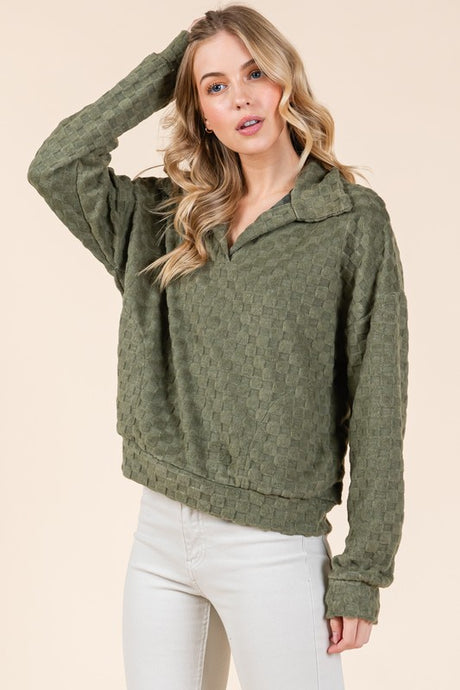 BOMBOM Fuzzy Checkered Collared Neck Sweatshirt with Side Pockets | Hanalas