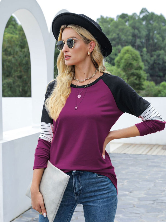 Contrast Striped Round Neck Long Sleeve T-Shirt | Hanalas